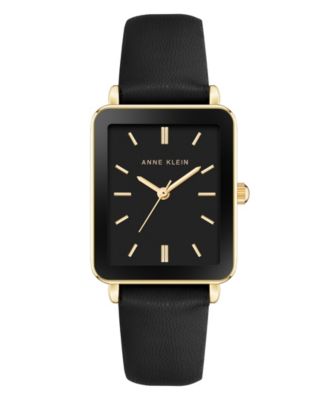 Anne Klein Women's Quartz Rectangular Black Leather and Gold-Tone Metal Alloy Watch, 26mm