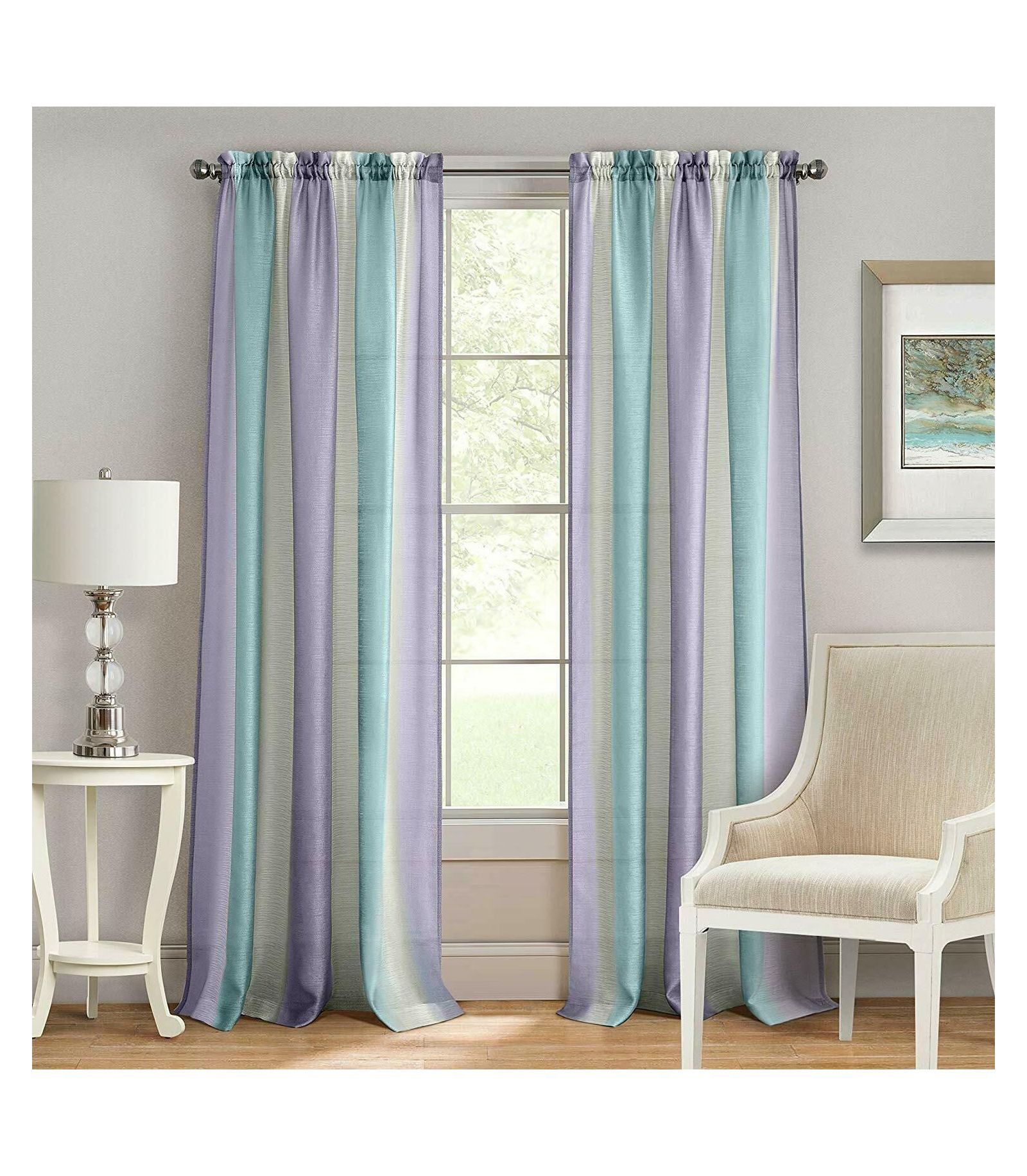 Kate Aurora 2 Pack Rainbow Striped Rod Pocket Semi Sheer Linen Window Curtains - 52 in. W x 84 in. L, Pink/Blue
