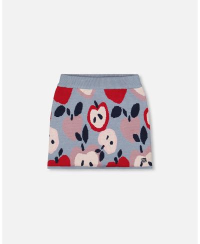 Deux par Deux Girl Knit Skirt Blue and Red with Apple Heart Jacquard - Toddler|Child