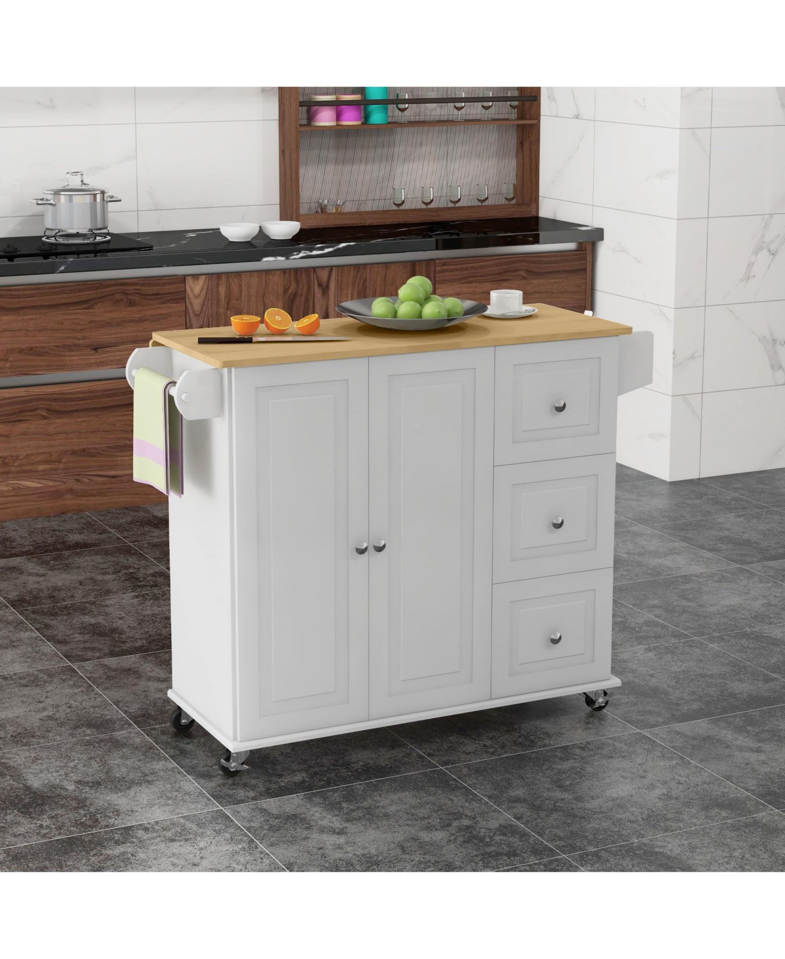 HALIFAX NORTH AMERICA White Kitchen Helper: Rolling Island Cart with Drop Leaf & Storage