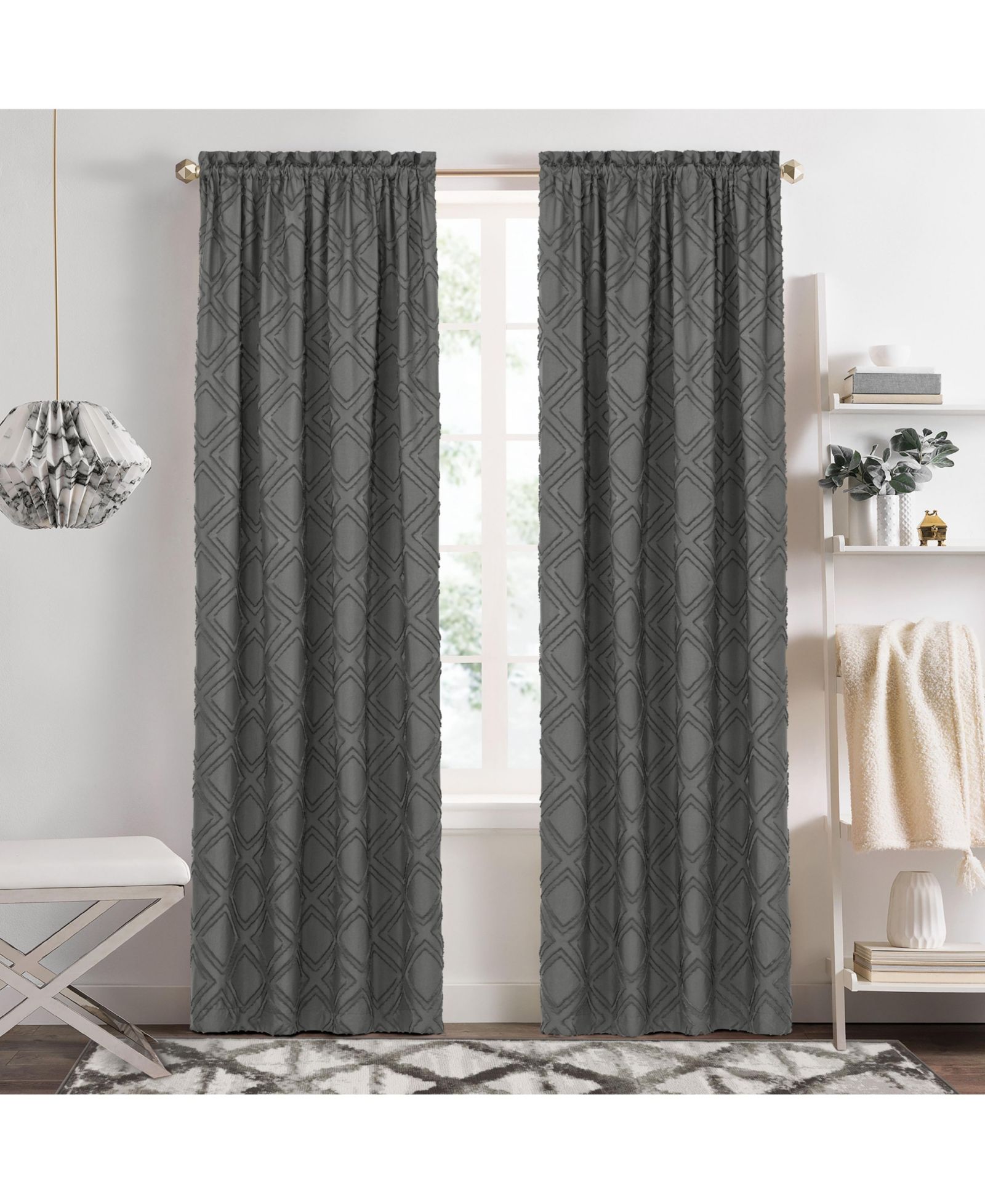 Kate Aurora Contemporary Geometric Shabby Diamond Clipped Rod Pocket Single Window Curtain Panel