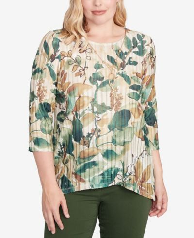 Alfred Dunner Women's Mount Laurel Abstract Leaf Sharkbite Hem Top with Necklace