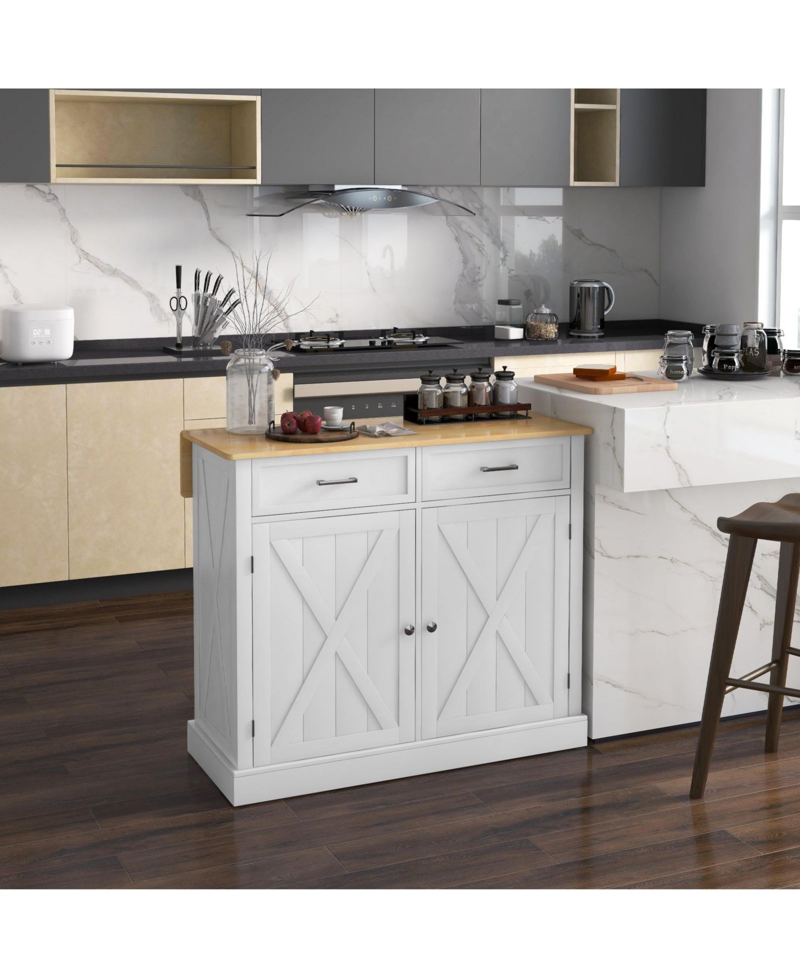 HALIFAX NORTH AMERICA White Kitchen Organizer: Farmhouse Island Cart with Drop Leaf
