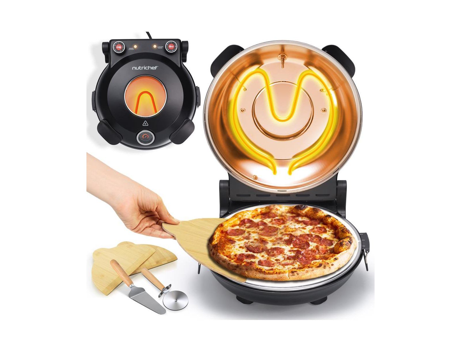 Countertop Pizza Maker - Electric Pizza Oven with Temperature Controls, Window and Thermometer (Black)