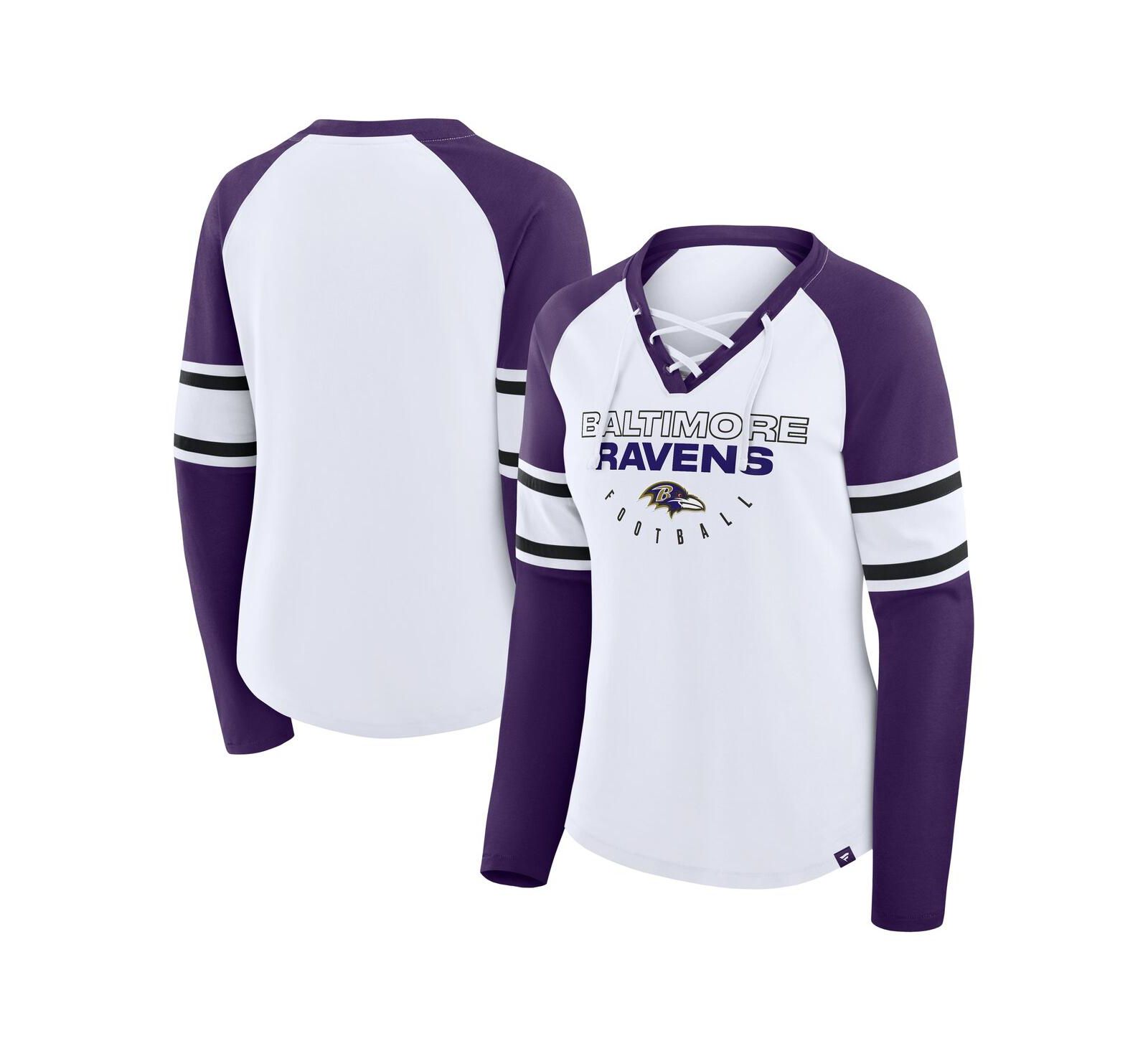 Fanatics Женская футболка Raglan Lace-Up V-Neck с длинным рукавом Baltimore Ravens Redzone Blitz Package, белая/фиолетовая