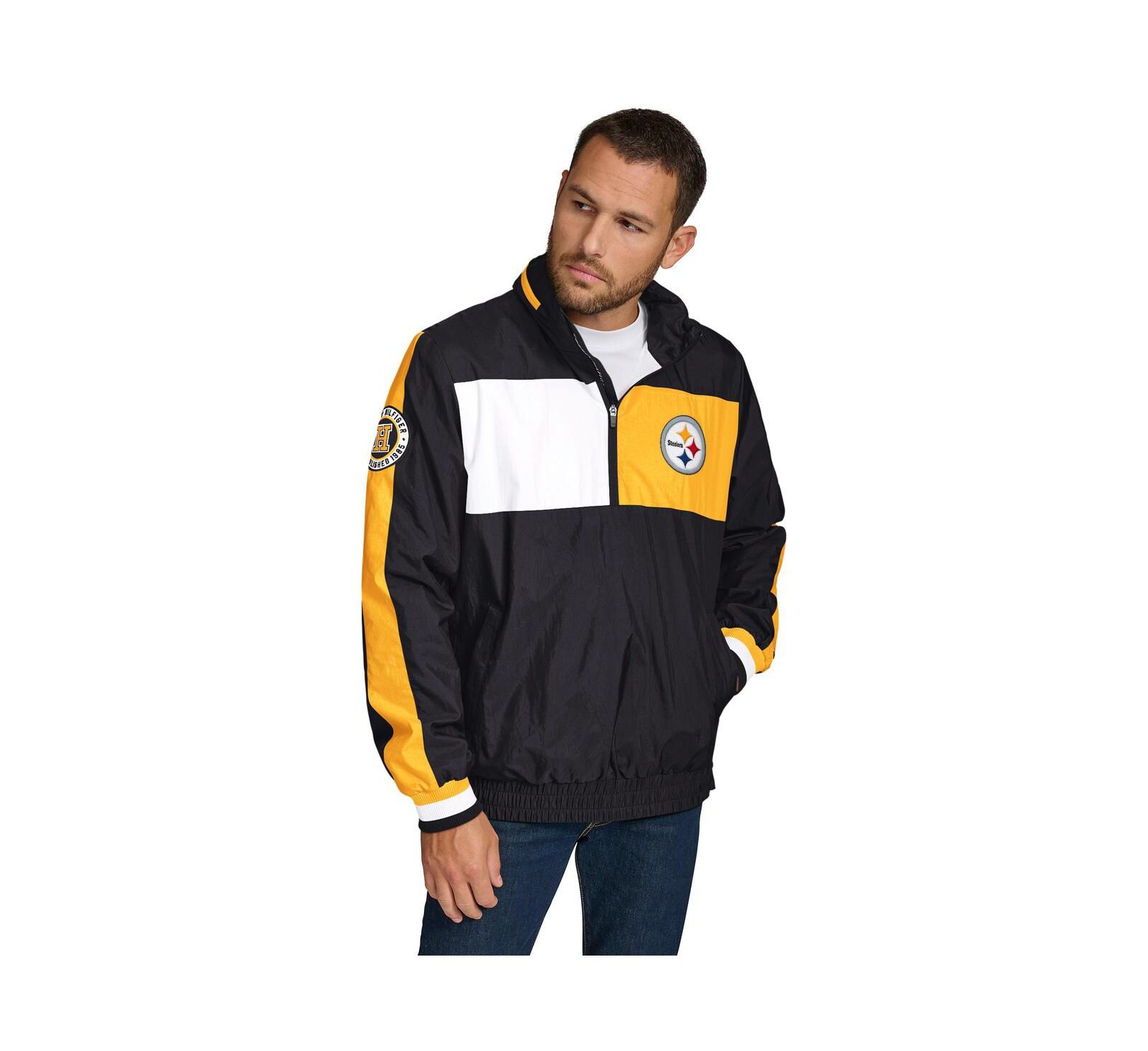 Tommy Hilfiger Men's Black Pittsburgh Steelers Gael Lightweight Half-Zip Hoodie