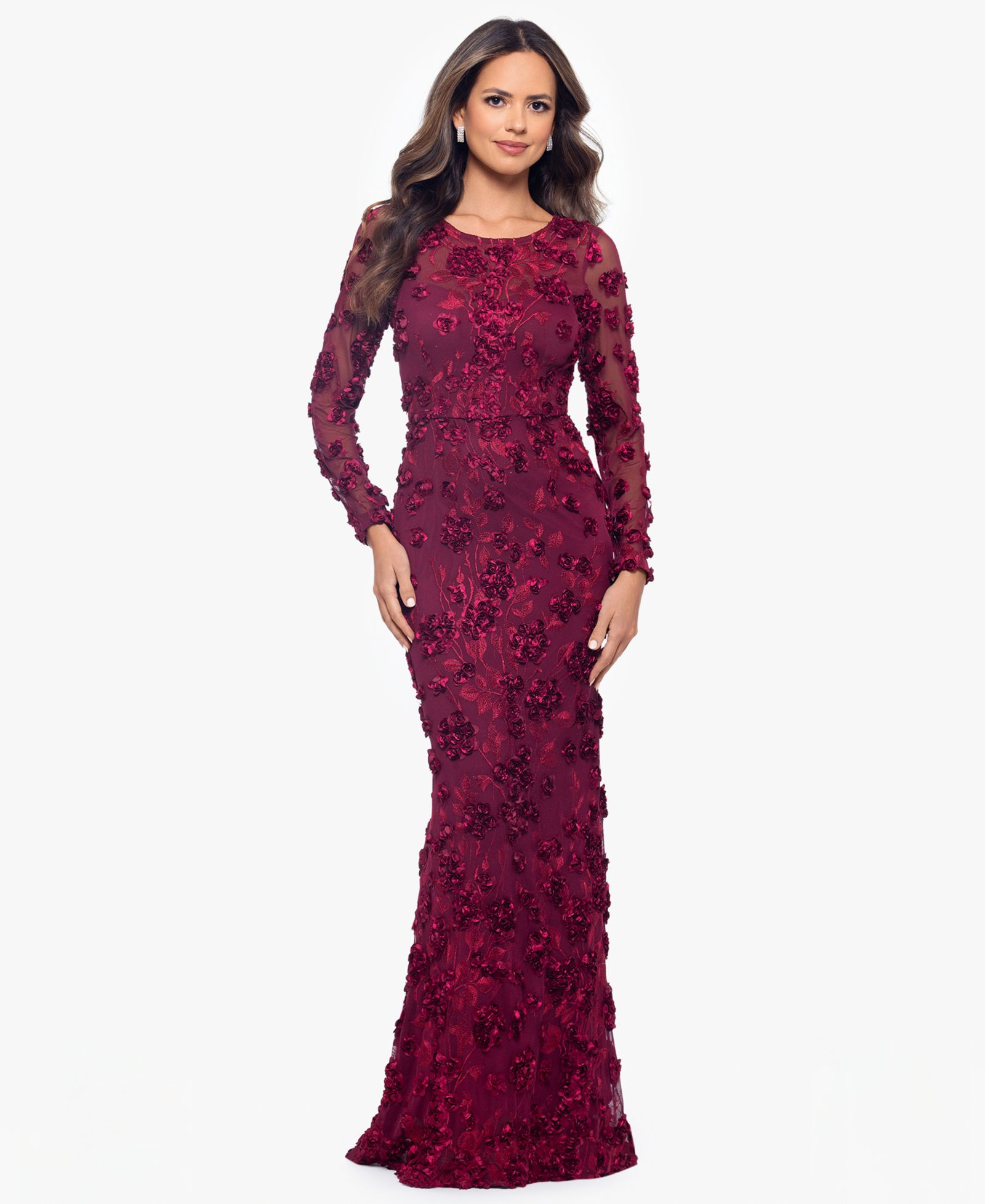 XSCAPE Women's Long Sleeve Rose Flower Dress