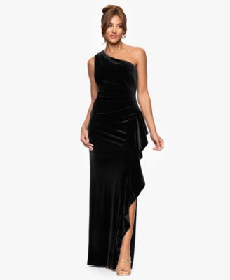 XSCAPE Women's Velvet One Shoulder Long Ruffle Dress