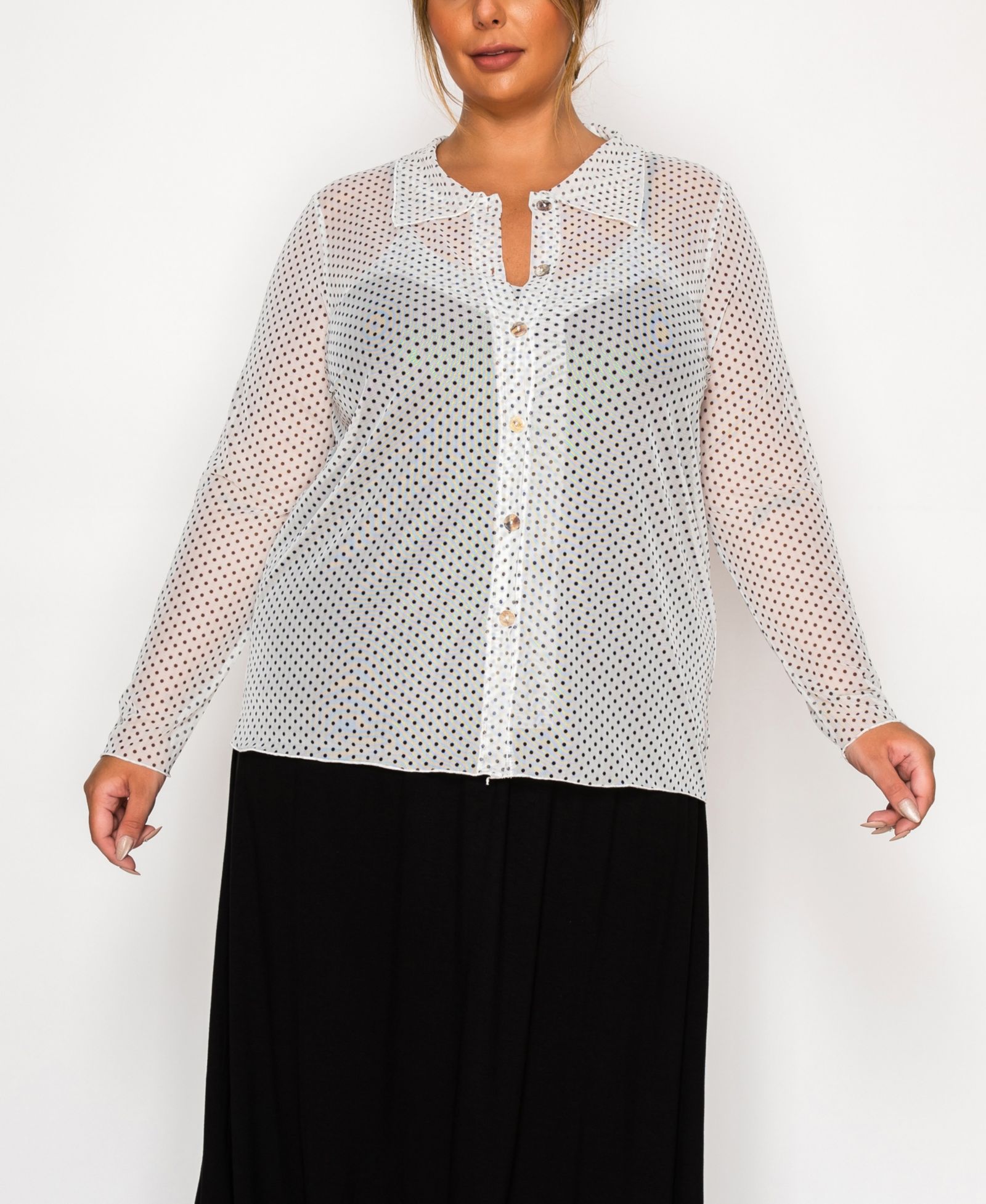 Топ Coin 1804 Plus Size Dot Mesh с пуговицами и длинным рукавом