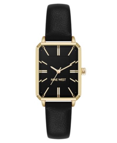 Nine West Women's Quartz Petite Black Leather and Gold-Tone Watch, 25mm
