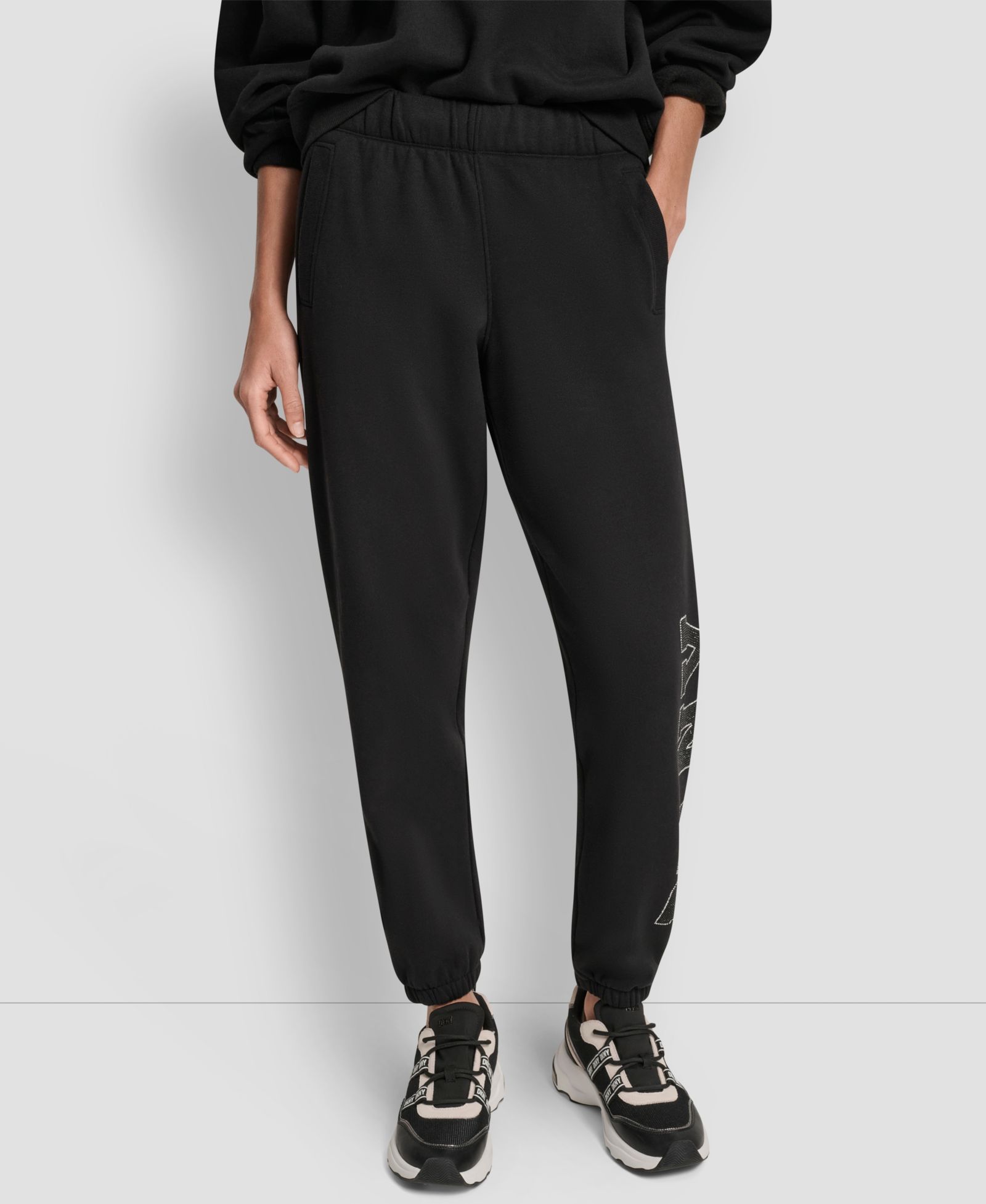 DKNY Women's Exploded Rhinestone Varsity Logo High Rise Relaxed Jogger