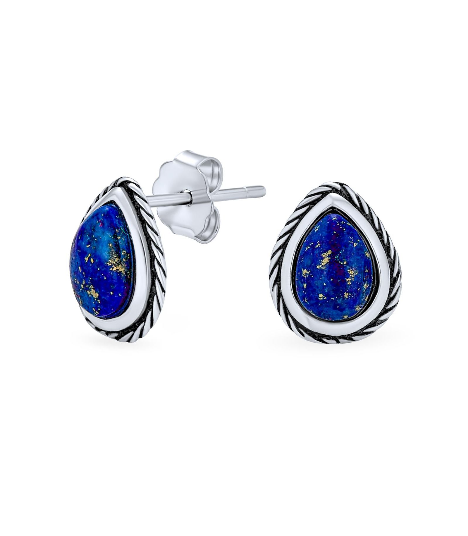 Серьги-гвоздики Bling Jewelry Small Bali Style Teardrop Bezel Edged Natural Stone Stud Sterling Silver