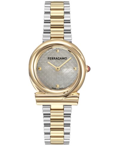 Женские швейцарские наручные часы Ferragamo со стальным браслетом в два тона и плетеным узором Gancini, 32 мм