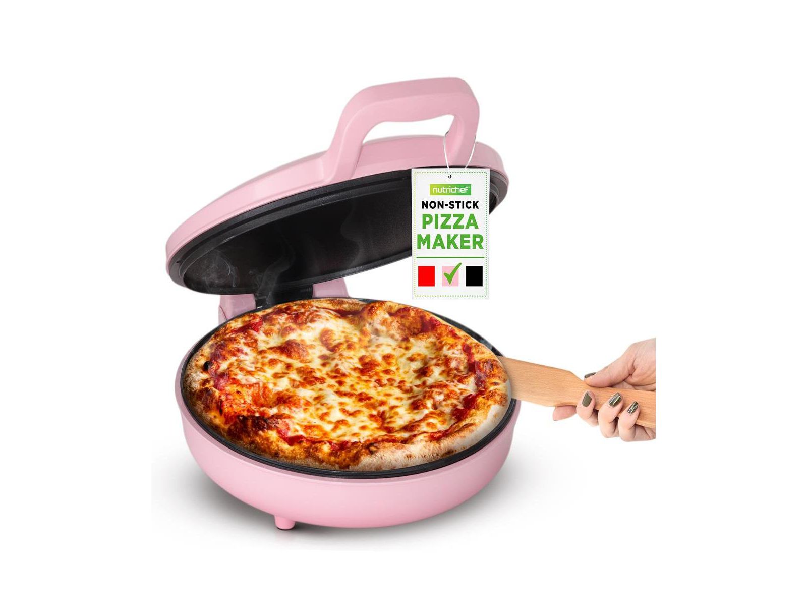 NutriChef Countertop Pizza Maker - Non-Stick Electric Pizza Oven with Cool Touch Handle and Uplift Function, Includes Spatula