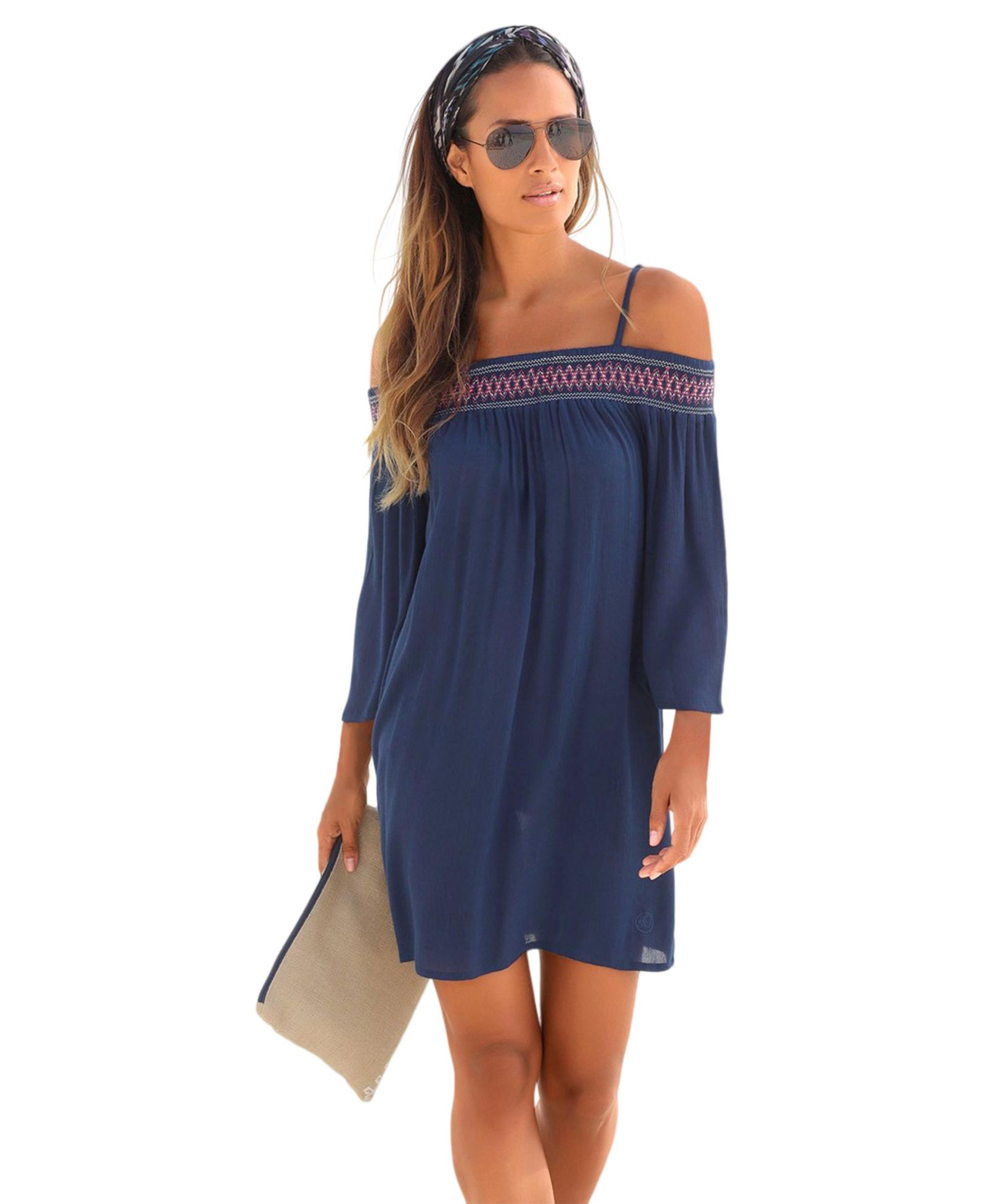 LASCANA Women's Viscose Embroidered Cold Shoulder Short Dress