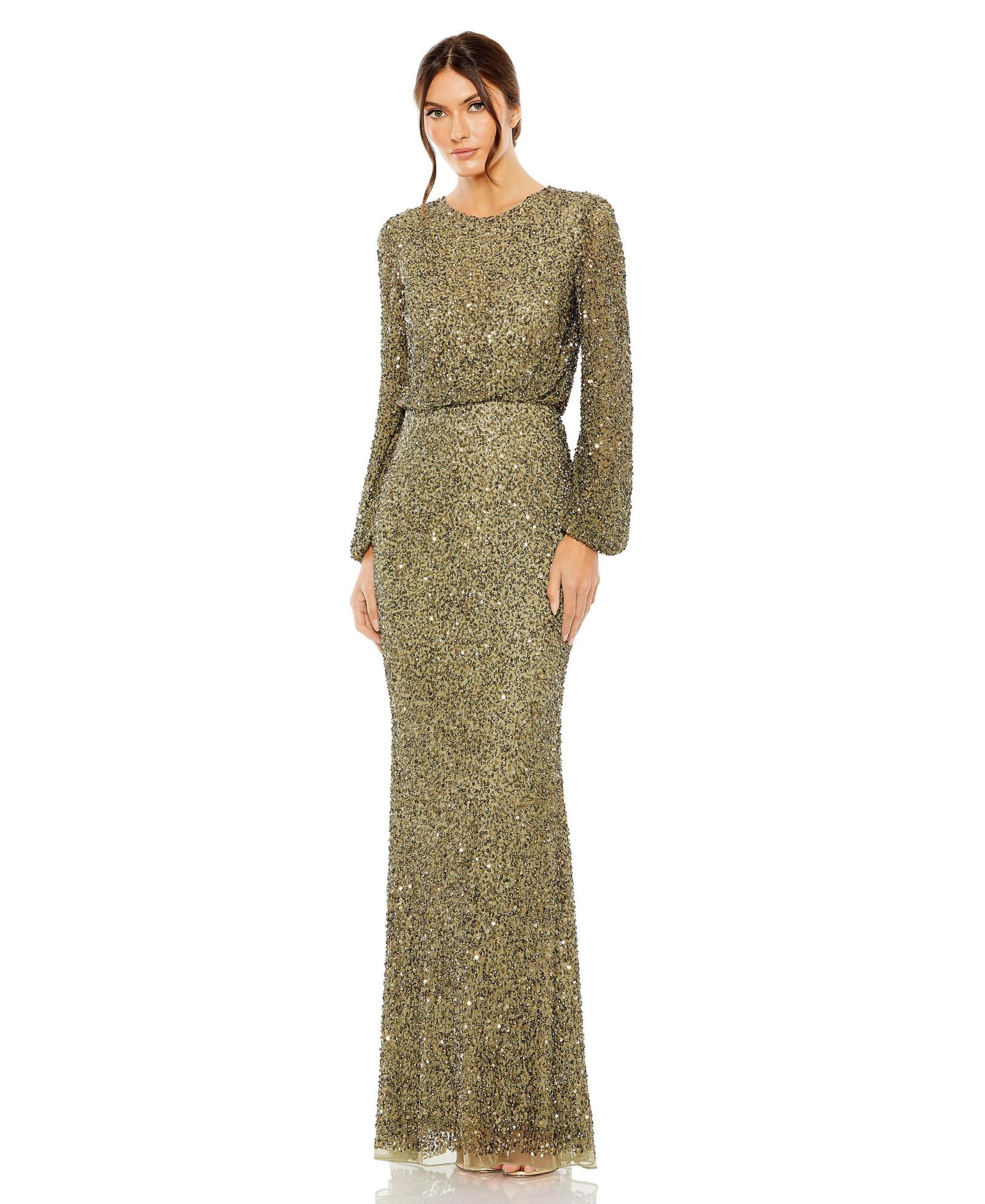Mac Duggal Женское вечернее платье High Neck Long Sleeve Beaded Blouson Gown