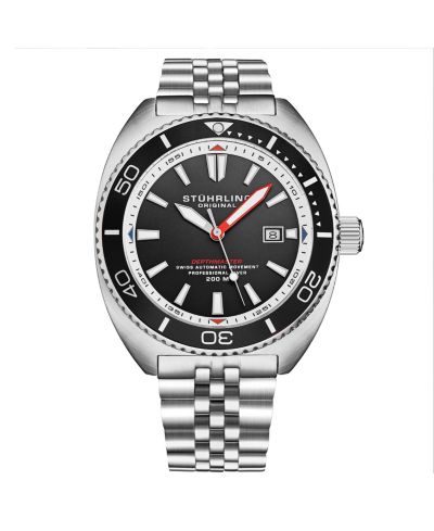 Мужские автоматические часы Stuhrling 1008, швейцарский механизм, корпус из нержавеющей стали Tonneau, черный циферблат, браслет Jubilee, водонепроницаемость 200M, дата