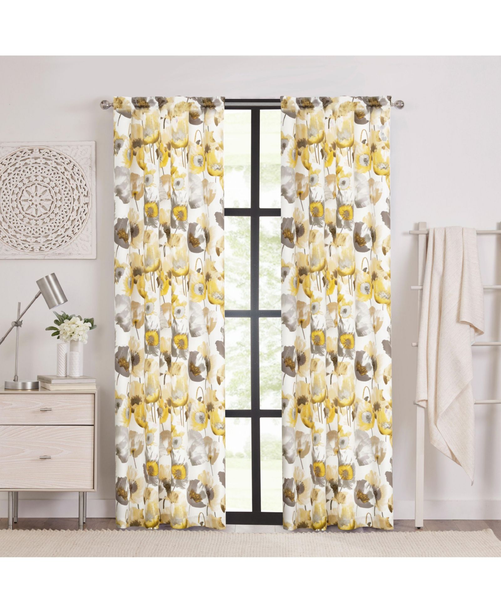 Kate Aurora Chic Living 2 Pack Semi Sheer Poppy Floral Rod Pocket Window Curtains - 84 in. Long