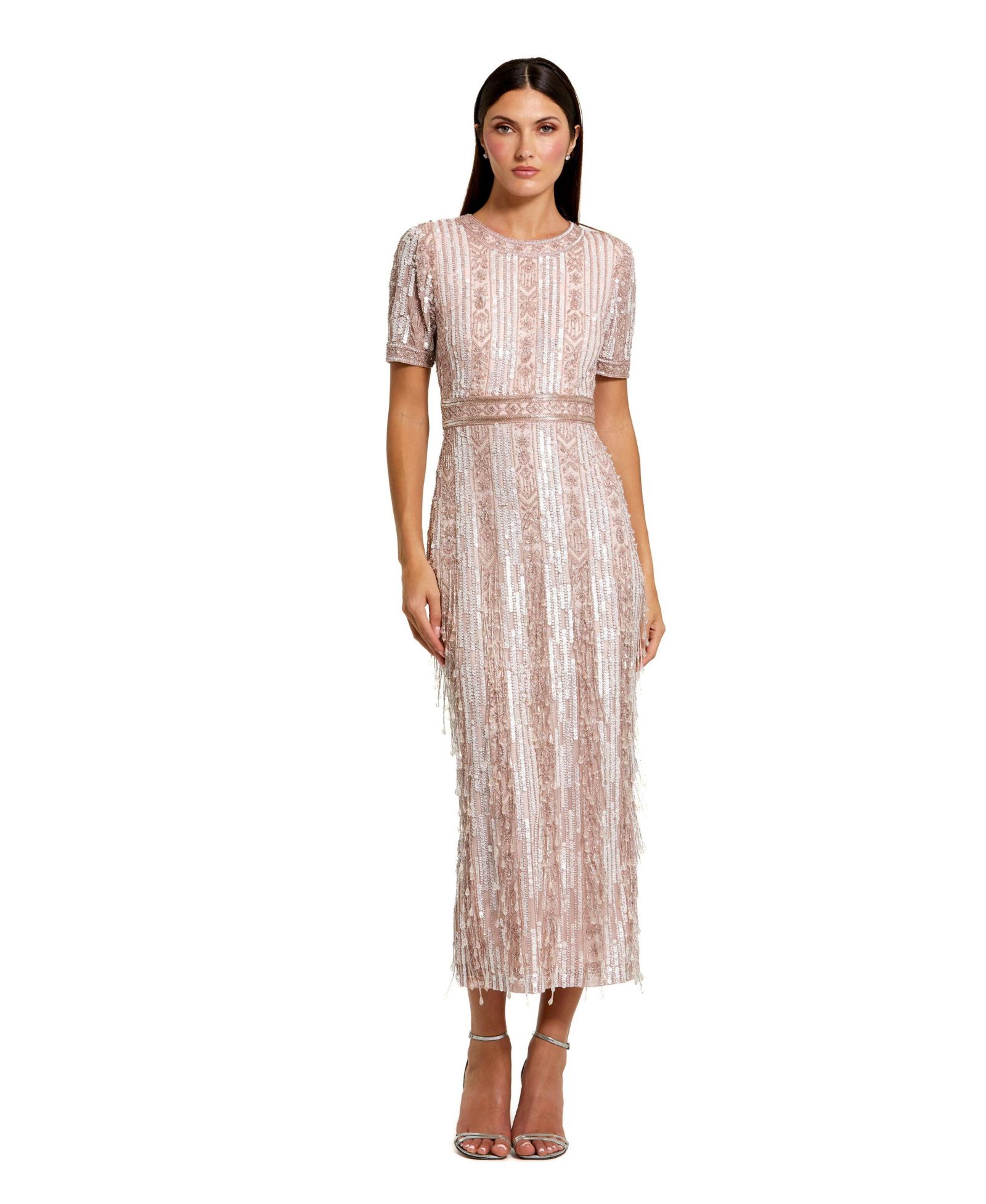 Женское вечернее платье Mac Duggal High Neck Short Sleeve Crystal Fringe Column