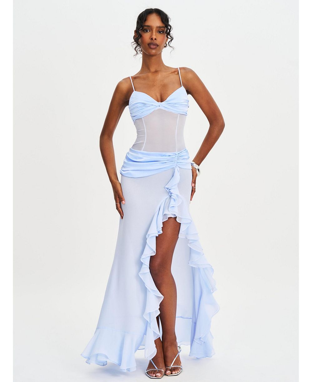 Женское шифоновое платье Miss Circle Lacy Blue Ruched Breast High Slit
