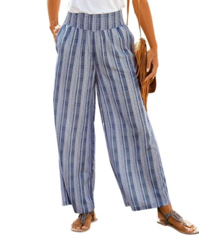 LASCANA Women's Striped Wide Leg Smocked with Pockets Pants