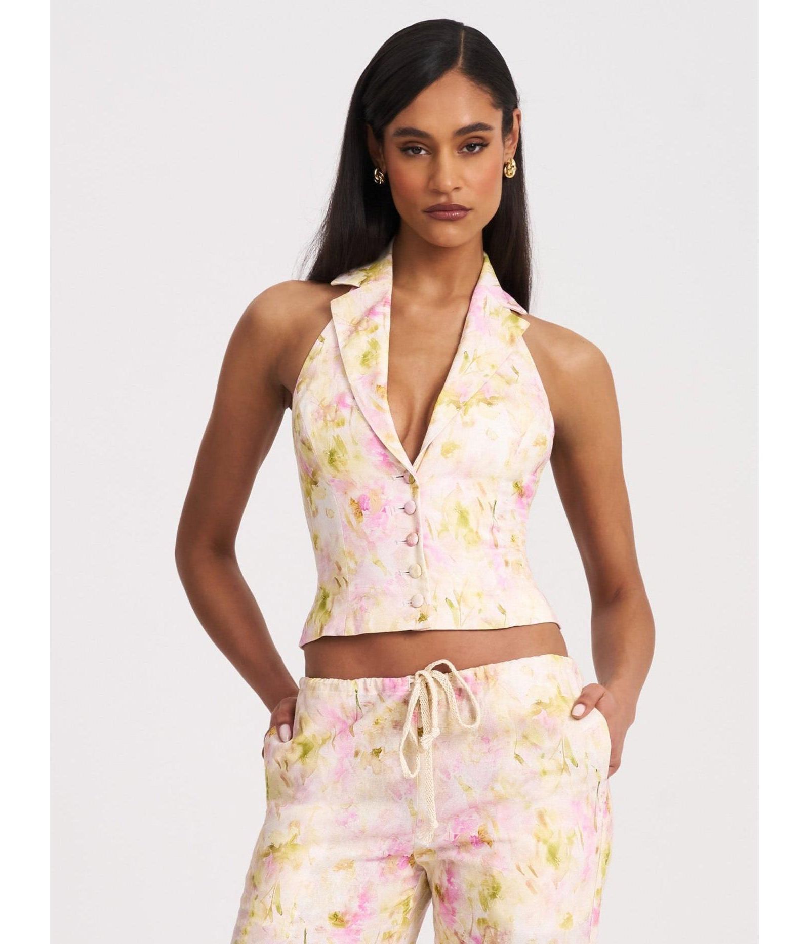 Miss Circle Women Lauren Pink Floral Print Ruched Back Linen Suit Vest