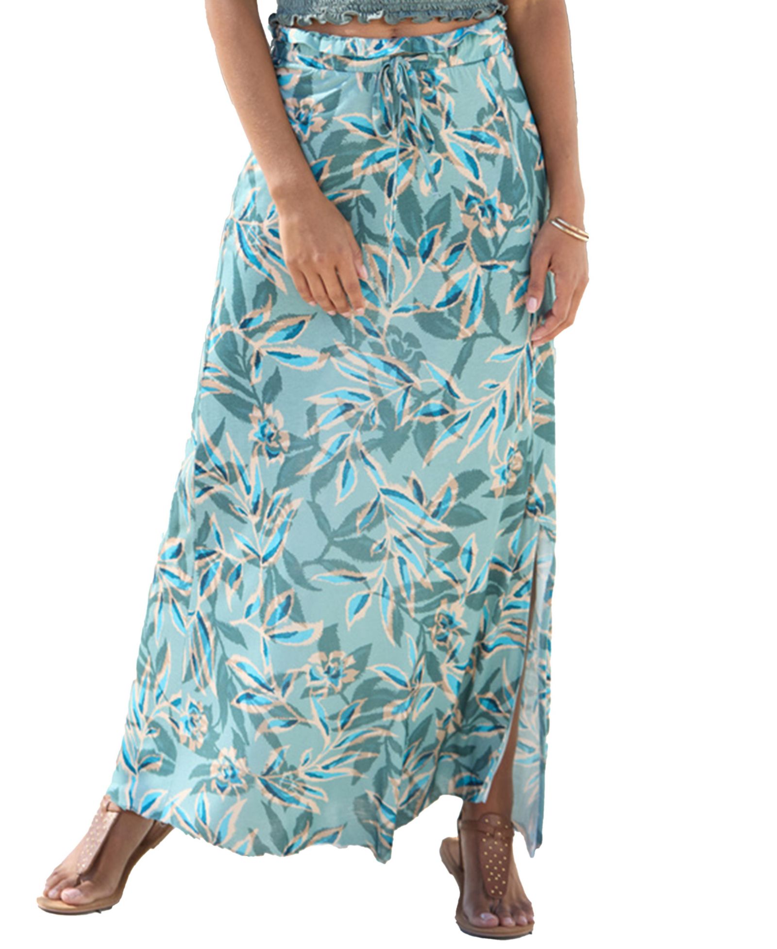 LASCANA Women's Viscose Printed Paperbag Maxi Ruffle-Trim Skirt