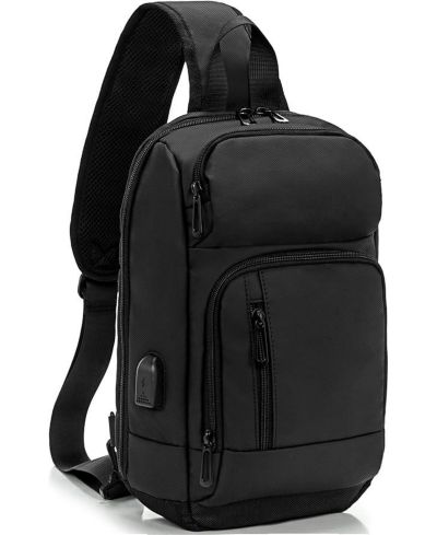 14 inch Sling Bag for Men,Black Crossbody Bag with USB Charging Port Fits 10.2inch iPad, Casual
