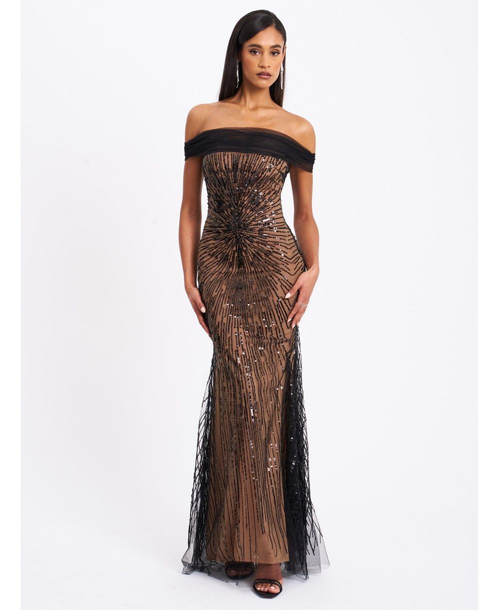 Miss Circle Women's Qeturah Embroidered Sequin Off Shoulder Mesh Gown