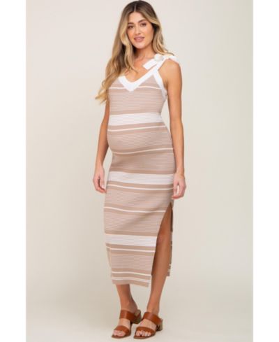 Pinkblush Женское трикотажное платье макси в полоску без рукавов, Taupe