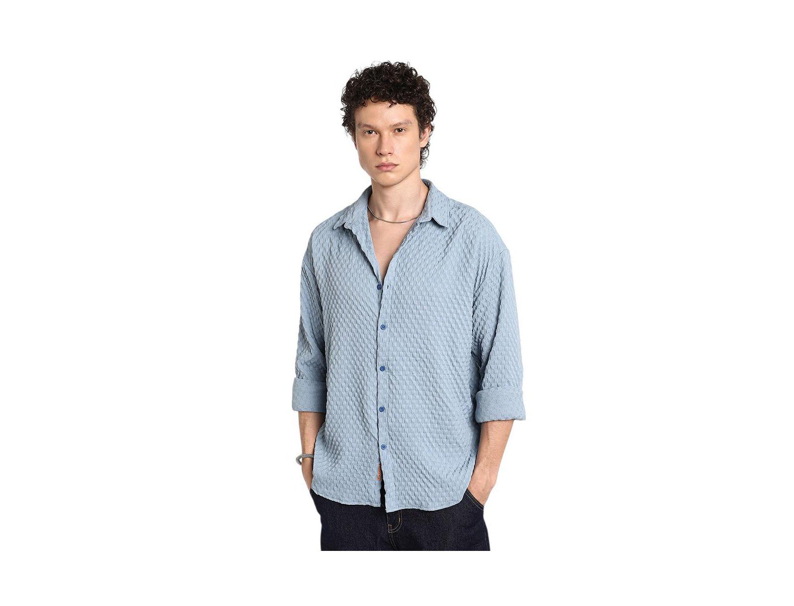 Campus Sutra Men's Cornflower Blue Cubic-Textured Oversized Shirt