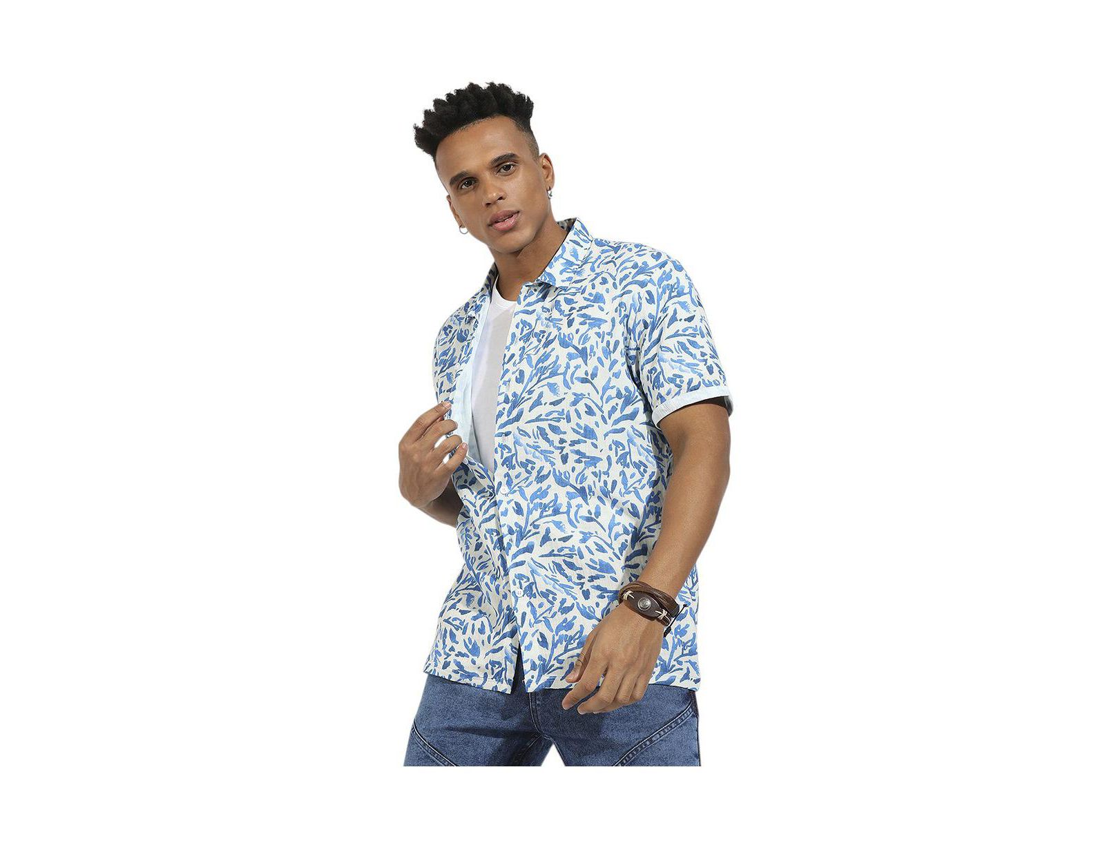 Campus Sutra Men's Blue Foliage Strokes Shirt