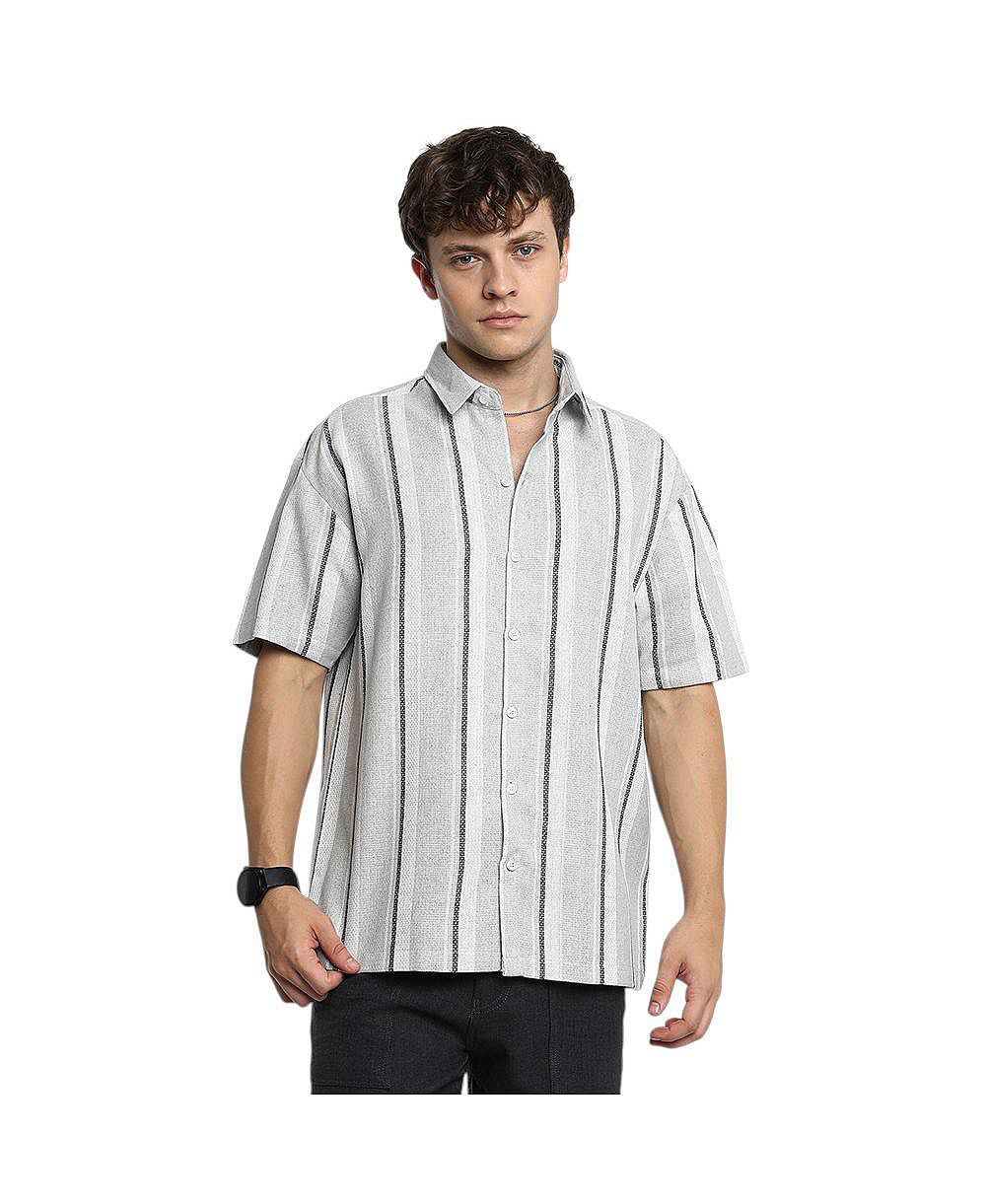 Campus Sutra Men's Ash Grey Unbalanced Striped Shirt