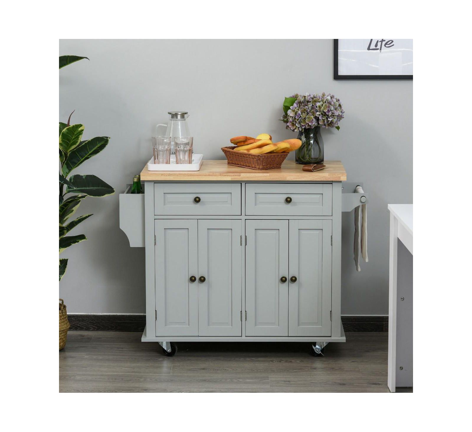 HALIFAX NORTH AMERICA Gray Kitchen Assistant: Rolling Island with Rubber Wood Top and Storage