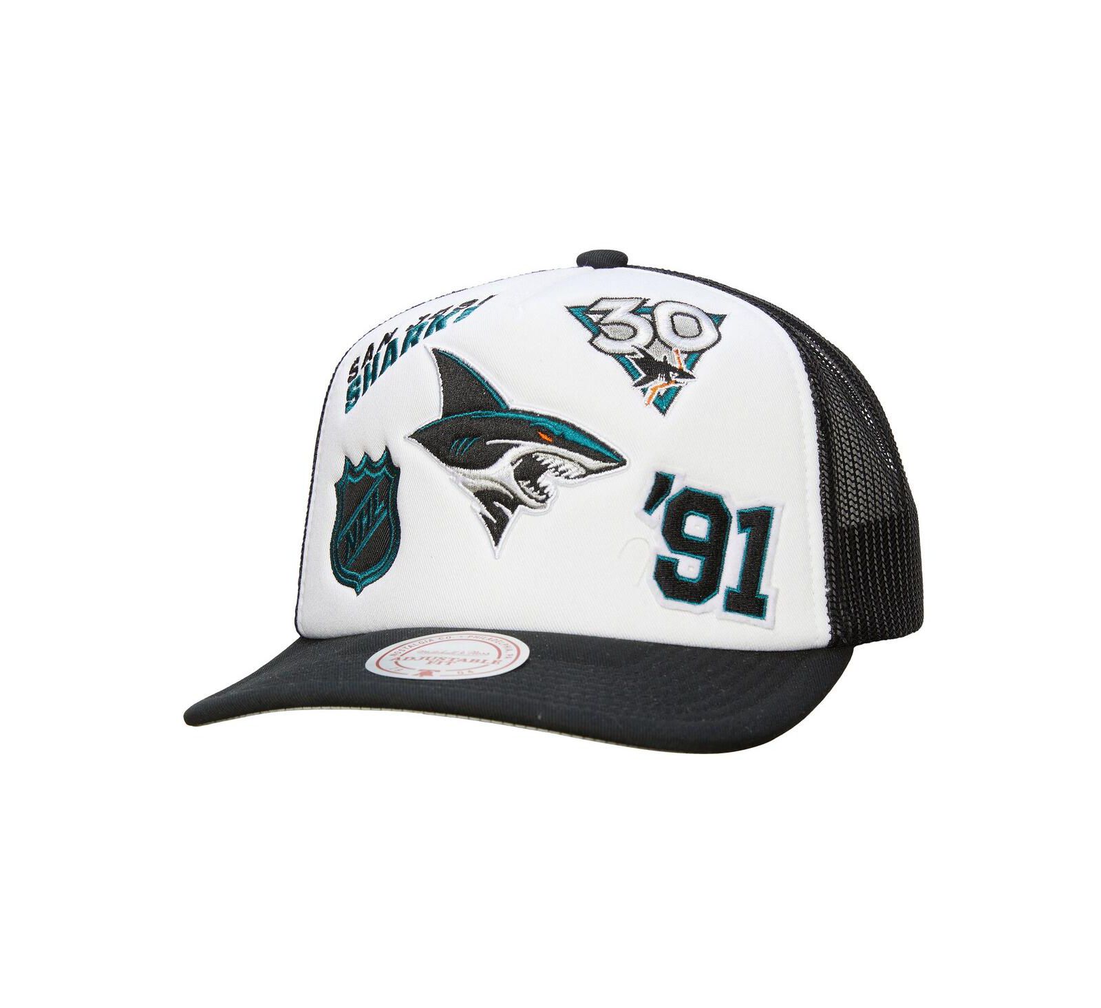 Кепка Mitchell & Ness Men's White/Black San Jose Sharks Gridlock Trucker Adjustable Hat