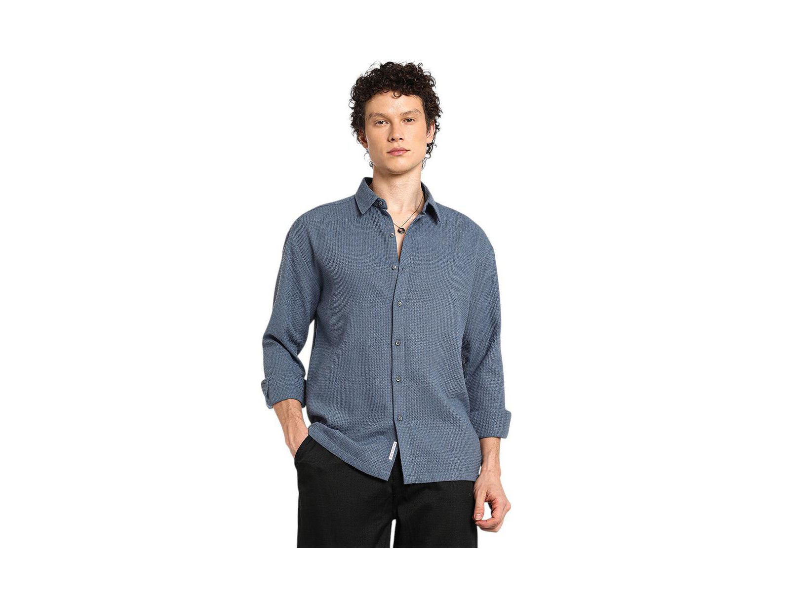 Campus Sutra Men's Lapis Blue Waffle-Knit Shirt