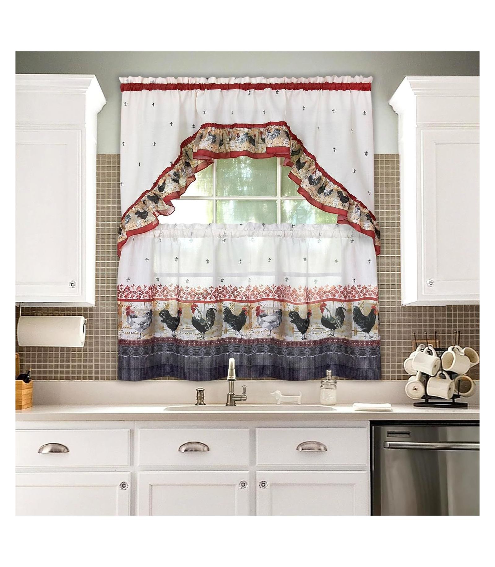 Kate Aurora Retro Rooster Complete 3 Piece Kitchen Curtain Tier and Swag Valance Set - 57 in. W x 36 in. L