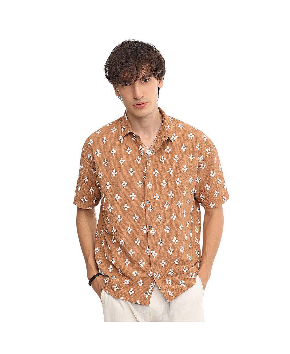 Campus Sutra Men's Tan Floral-Tactile Oversized Shirt