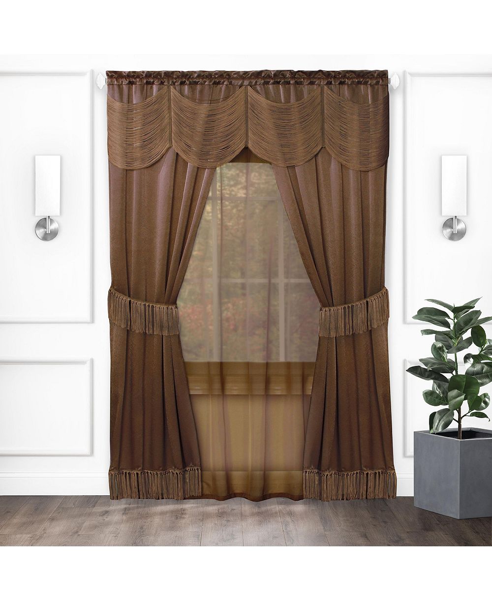 Kate Aurora Satin Chic Complete Attached Window Curtain, Tiebacks & Valance Set, 84"