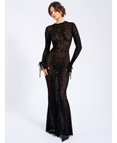 Miss Circle Women Waylynn Black Animal Print Burnout Velvet Detail Mesh Backless Maxi Dress