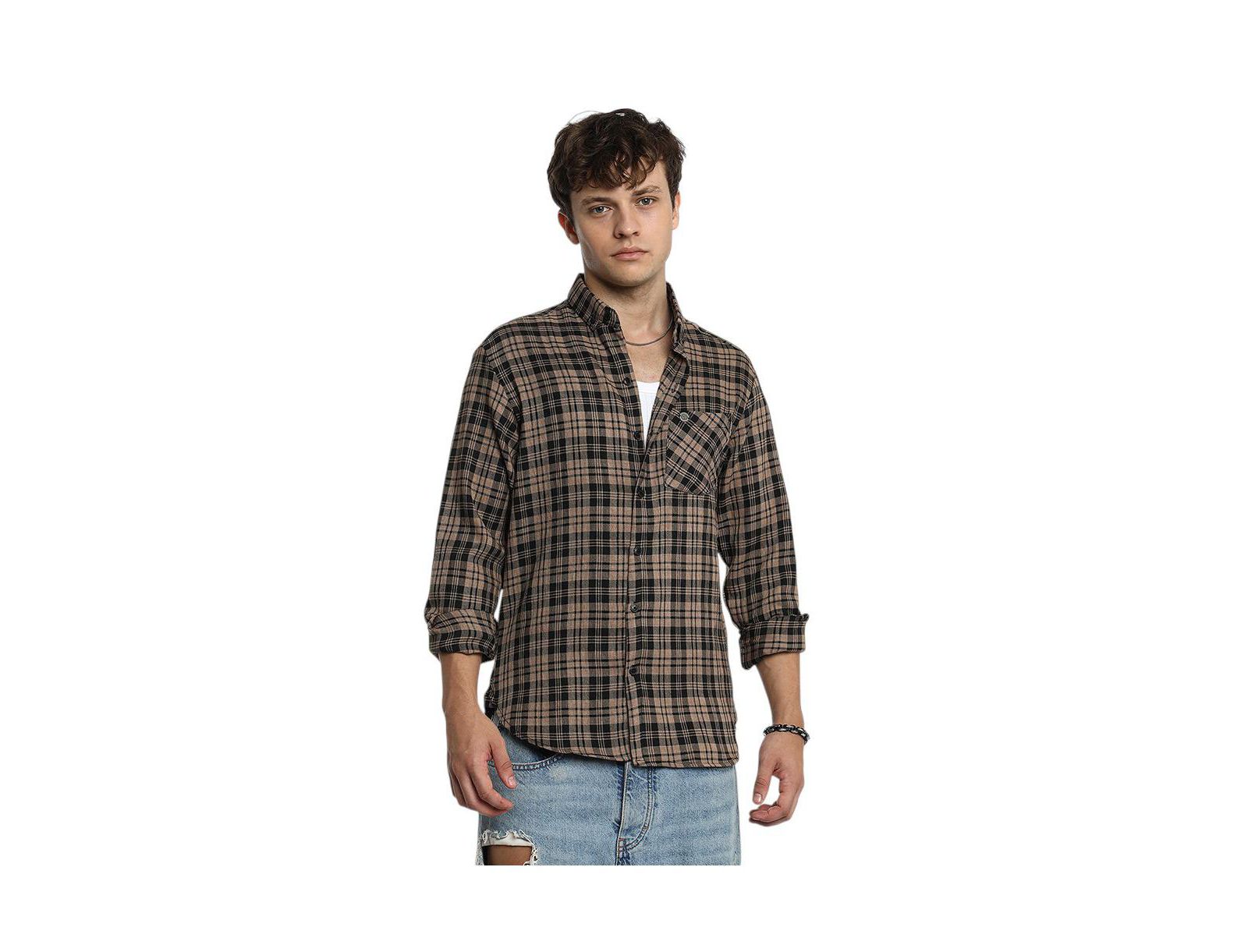Campus Sutra Men's Tan Brown & Charcoal Black Tartan Plaid Shirt