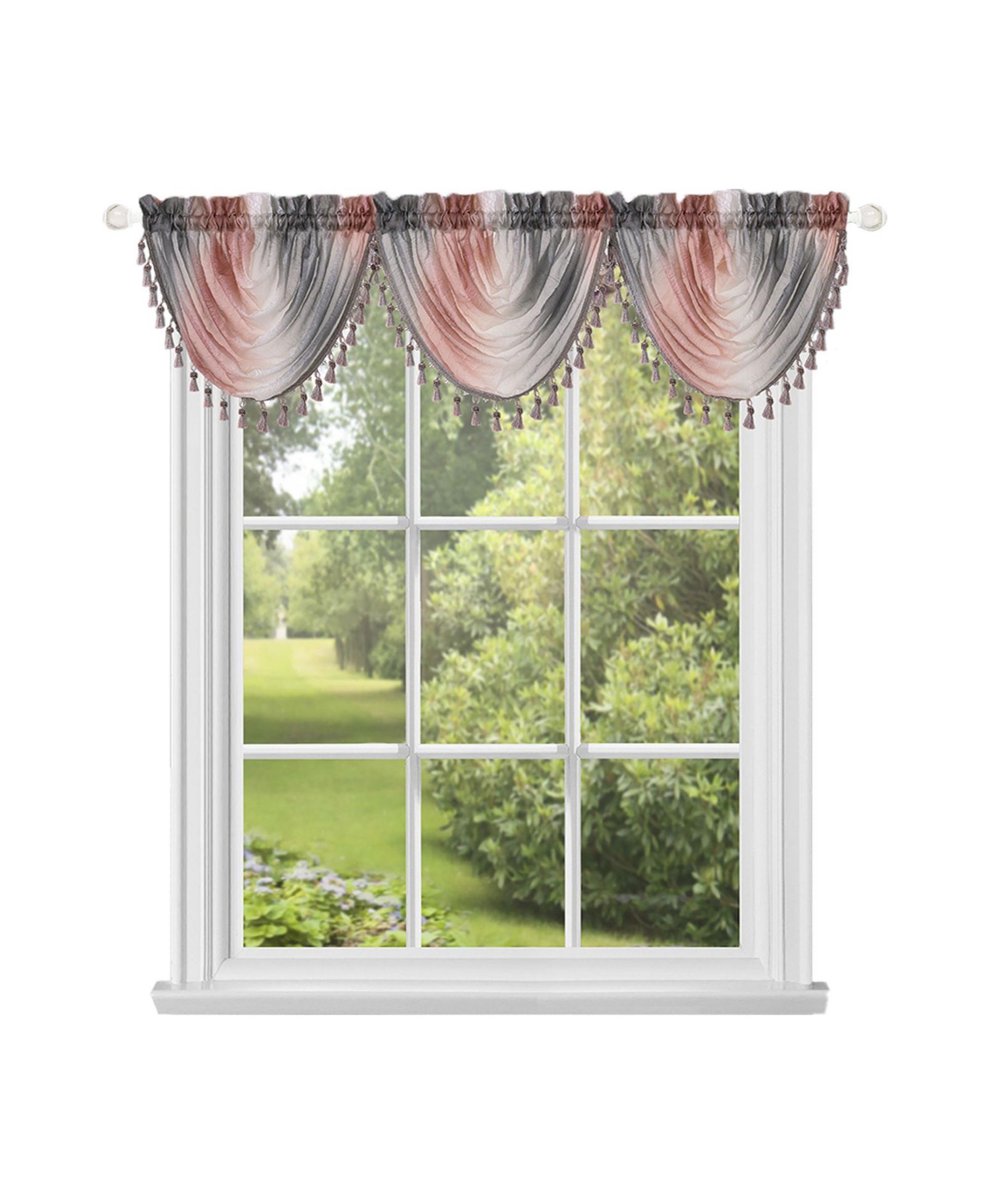 Kate Aurora 1 Piece Crushed Faux Satin Silver and Blush Rose Pink Ombre Window Waterfall Tasseled Valance