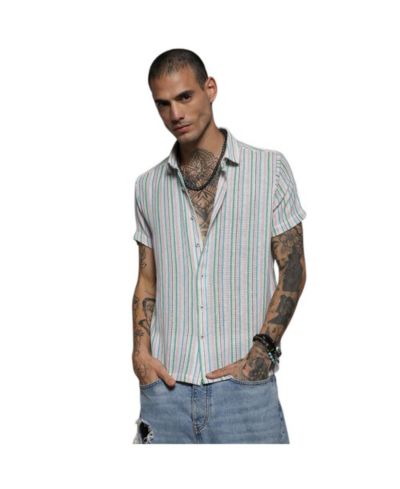 Campus Sutra Men's Pink & Green Unbalanced Striped Woven Shirt