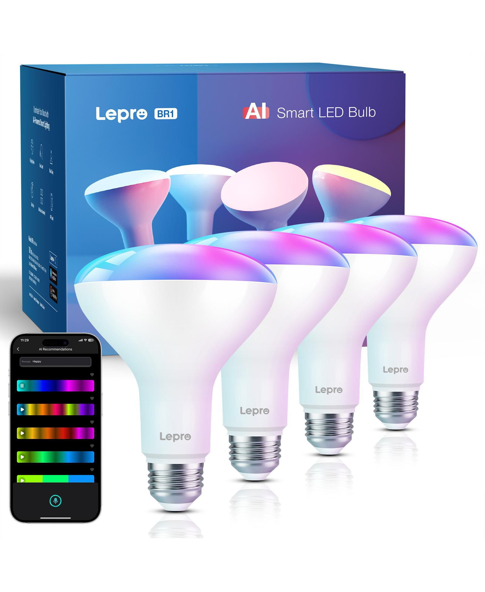 Lepro BR1 60-Watt Equivalent AI Smart BR30 RGBCCT Color Changing Flood LED Light Bulb, Dimmable Voice Control,APP Control (4-Bulb)