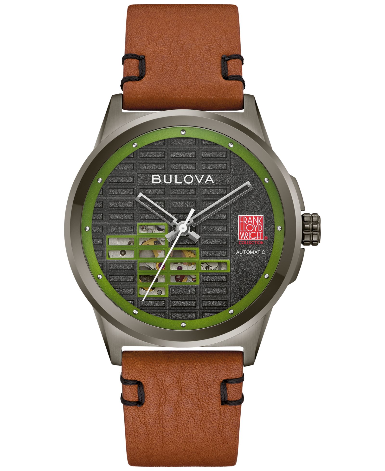 Мужские часы Bulova Frank Lloyd Wright Usonian Automatic на коричневом кожаном ремешке, 39mm