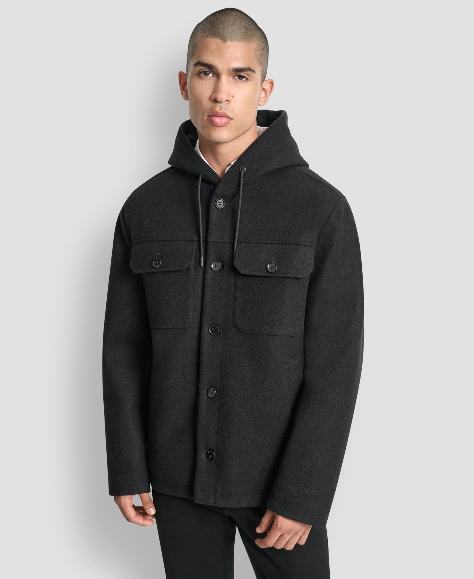 DKNY Men's Faux Wool Hooded Shirt Jacket