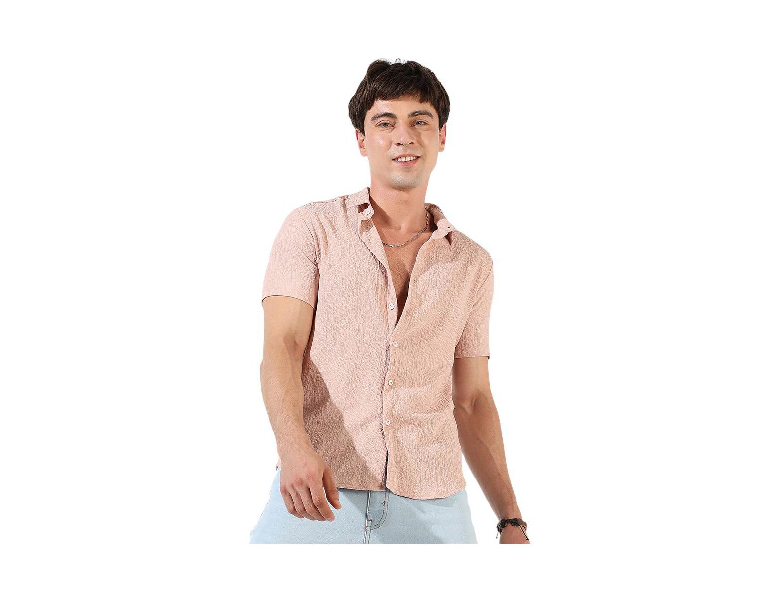 Campus Sutra Men's Peach Textured Regular Fit Casual Shirt