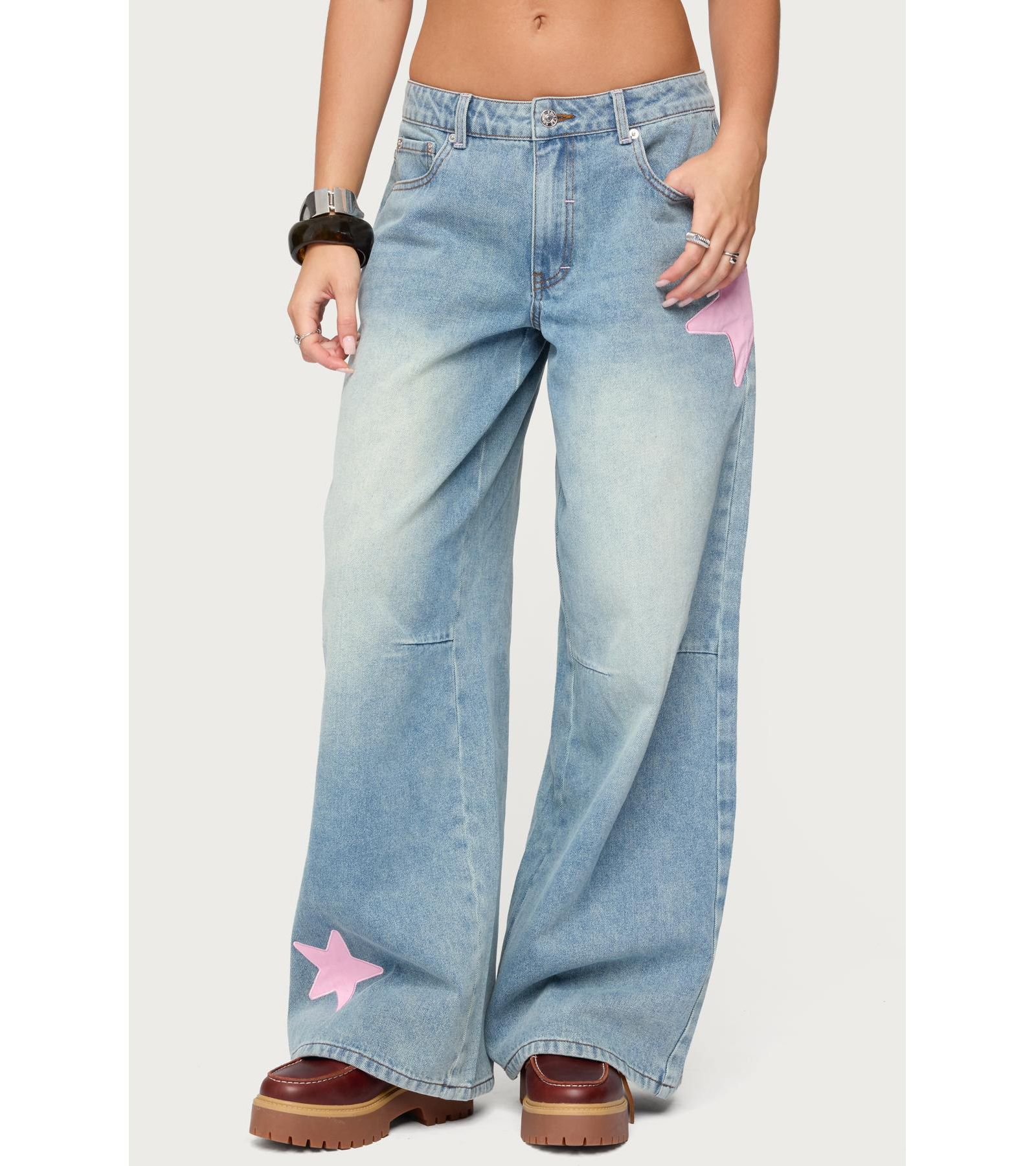 Edikted Women's Trish Satin Effect Stars Low Rise Jeans