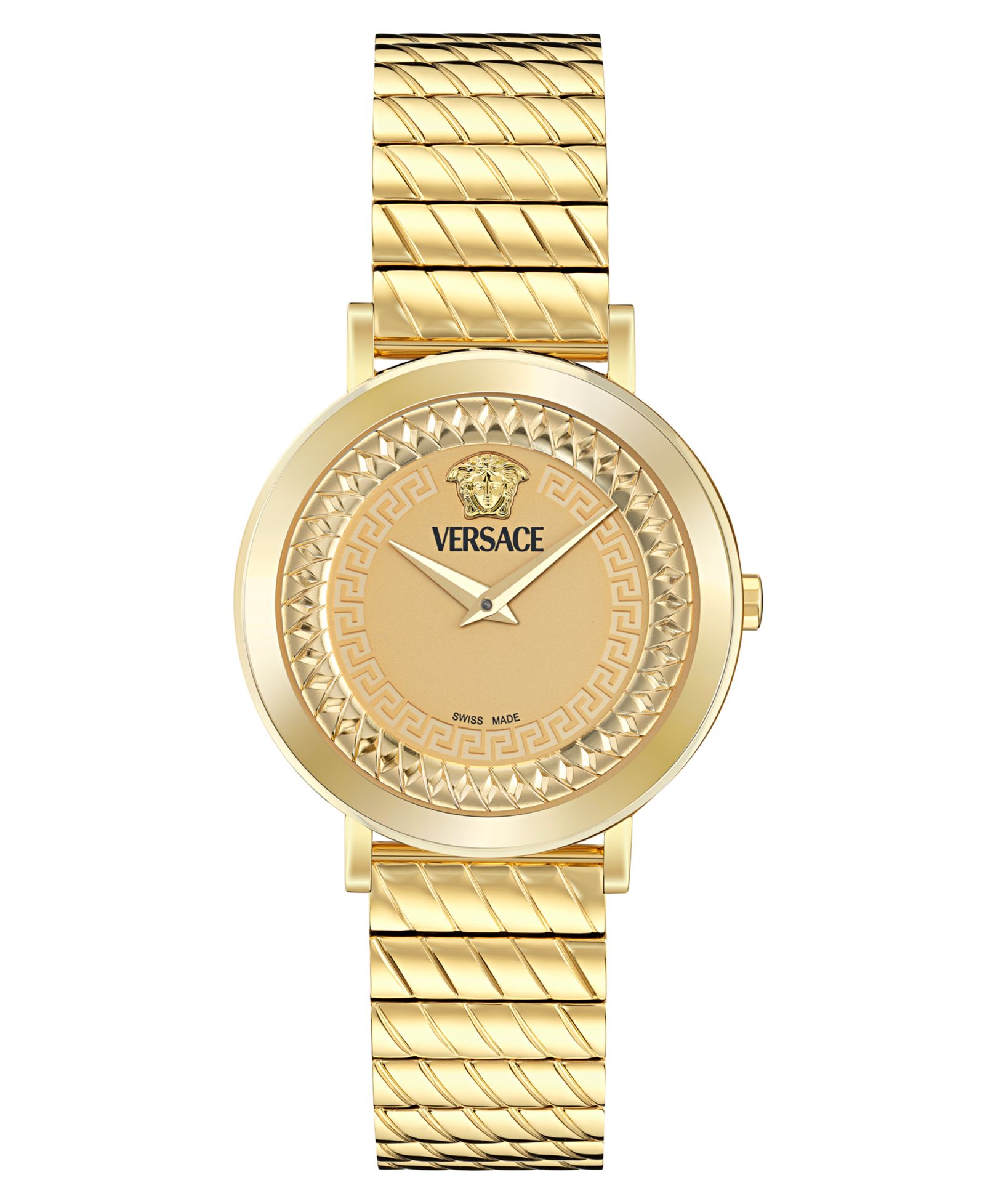 Женские золотые часы Versace Swiss Delphinus с напылением и стальным браслетом 35mm