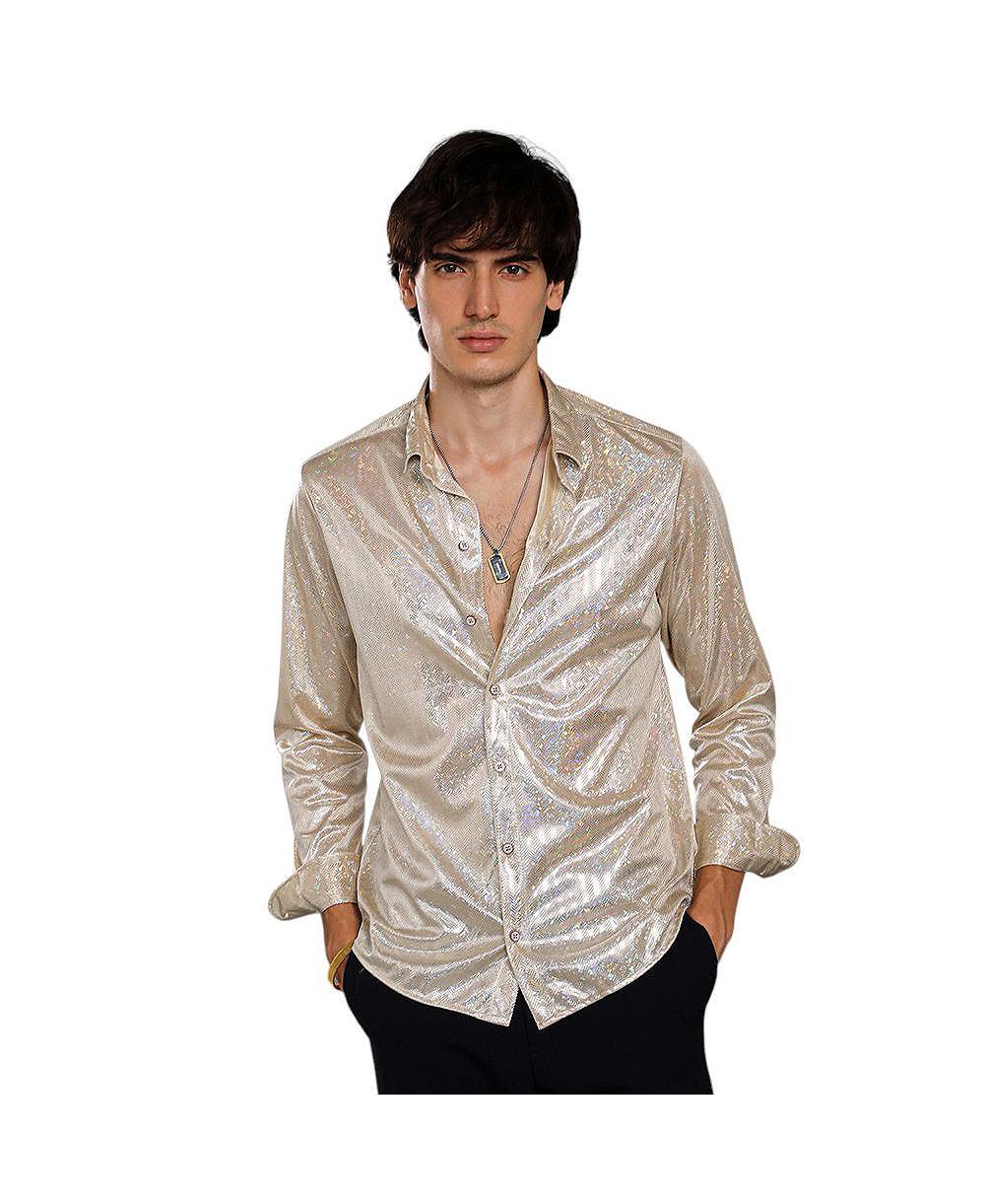 Campus Sutra Men's Metallic Beige Sheen Chevron Shirt